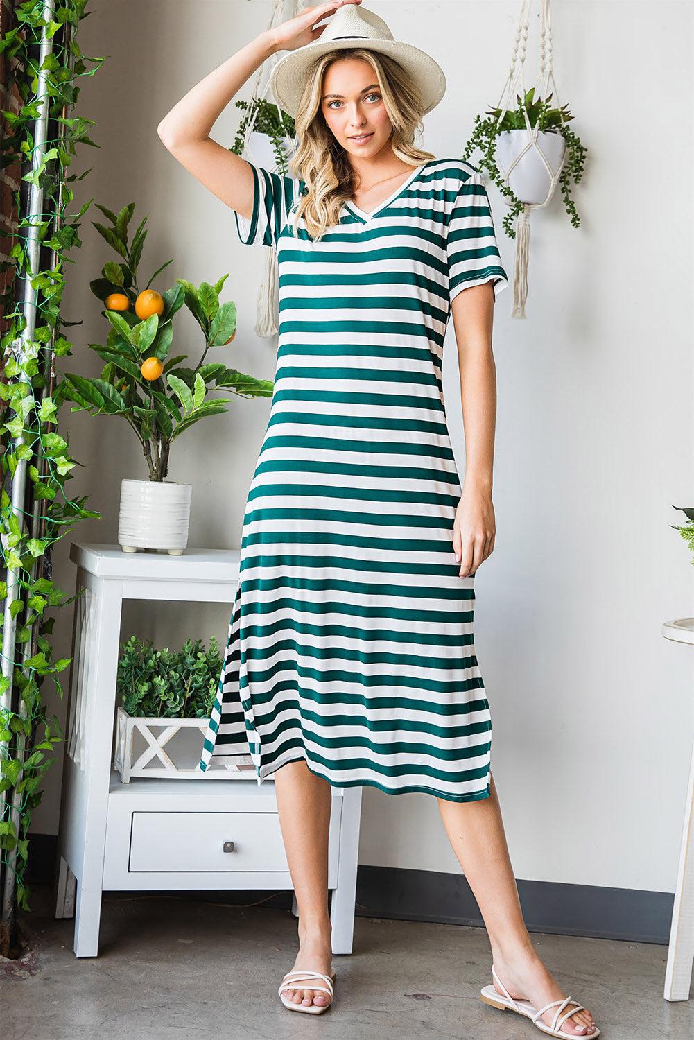 Striped V-Neck Short Sleeve Side Slit Dress BLUE ZONE PLANET