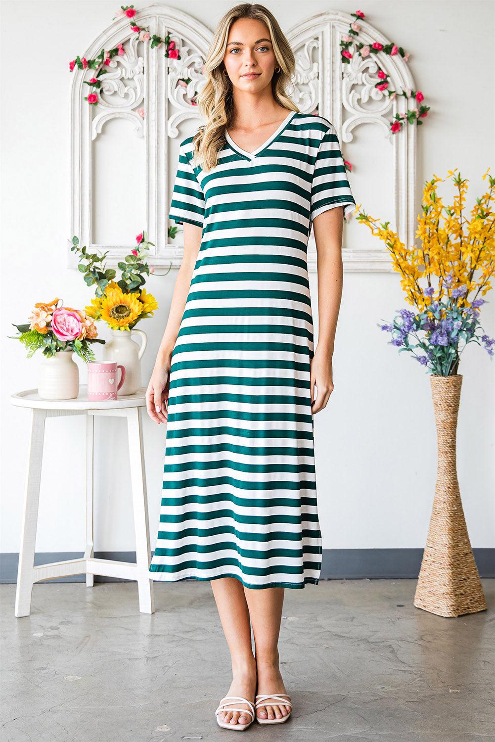 Striped V-Neck Short Sleeve Side Slit Dress BLUE ZONE PLANET