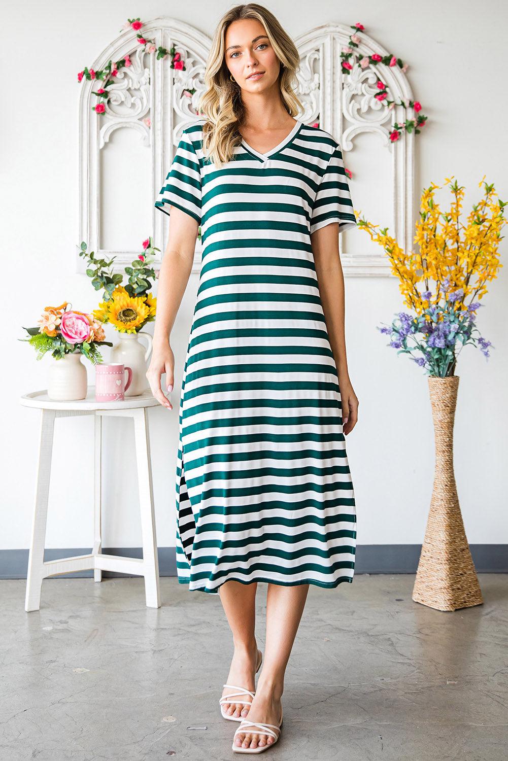 Striped V-Neck Short Sleeve Side Slit Dress BLUE ZONE PLANET