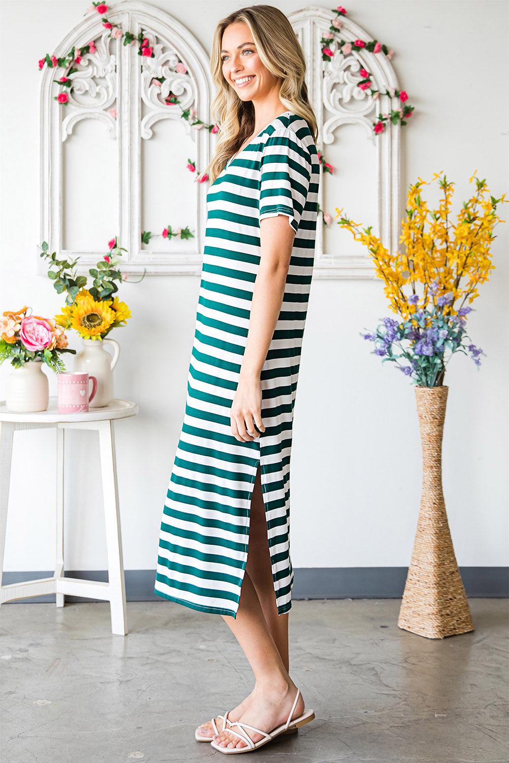 Striped V-Neck Short Sleeve Side Slit Dress BLUE ZONE PLANET