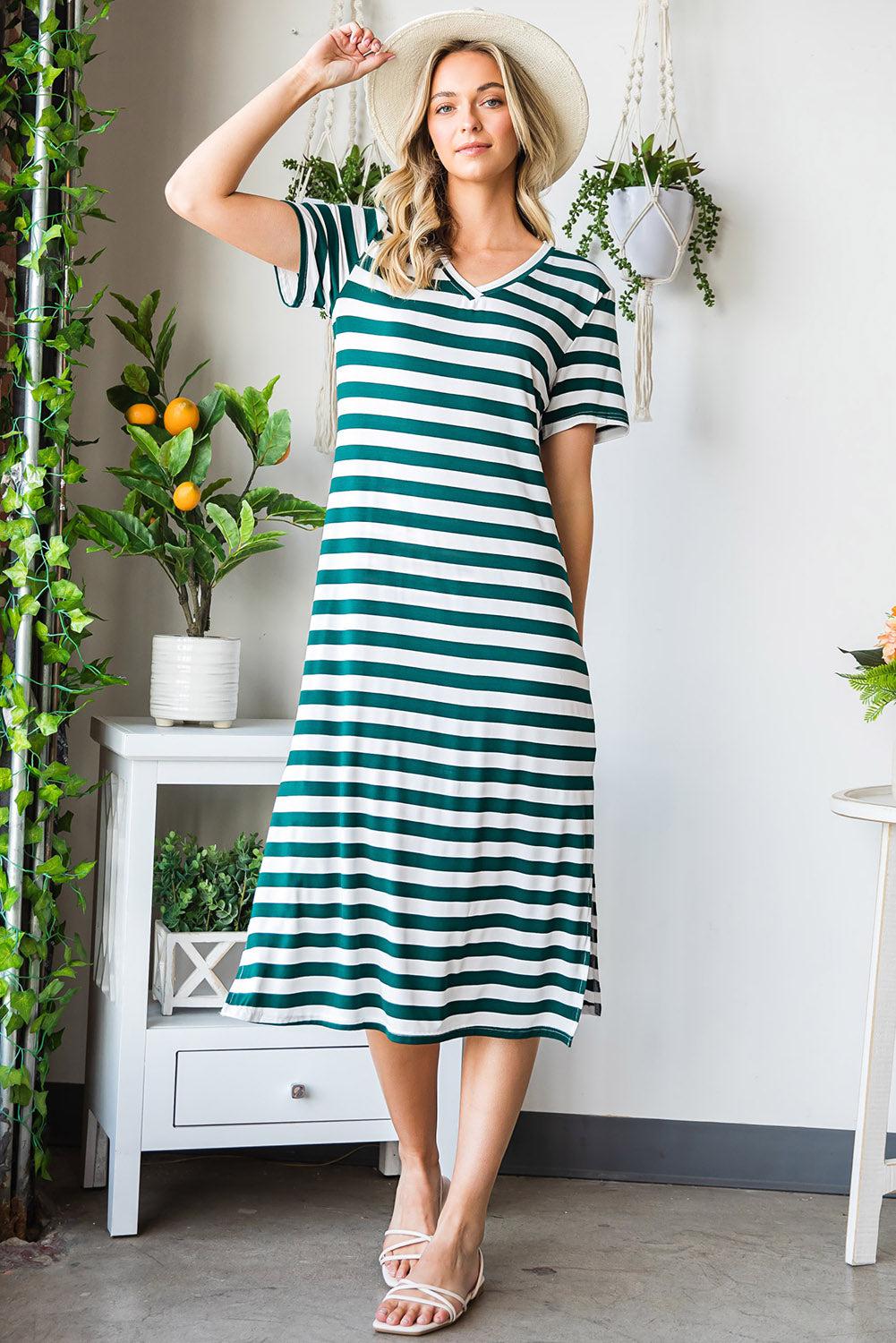 Striped V-Neck Short Sleeve Side Slit Dress BLUE ZONE PLANET