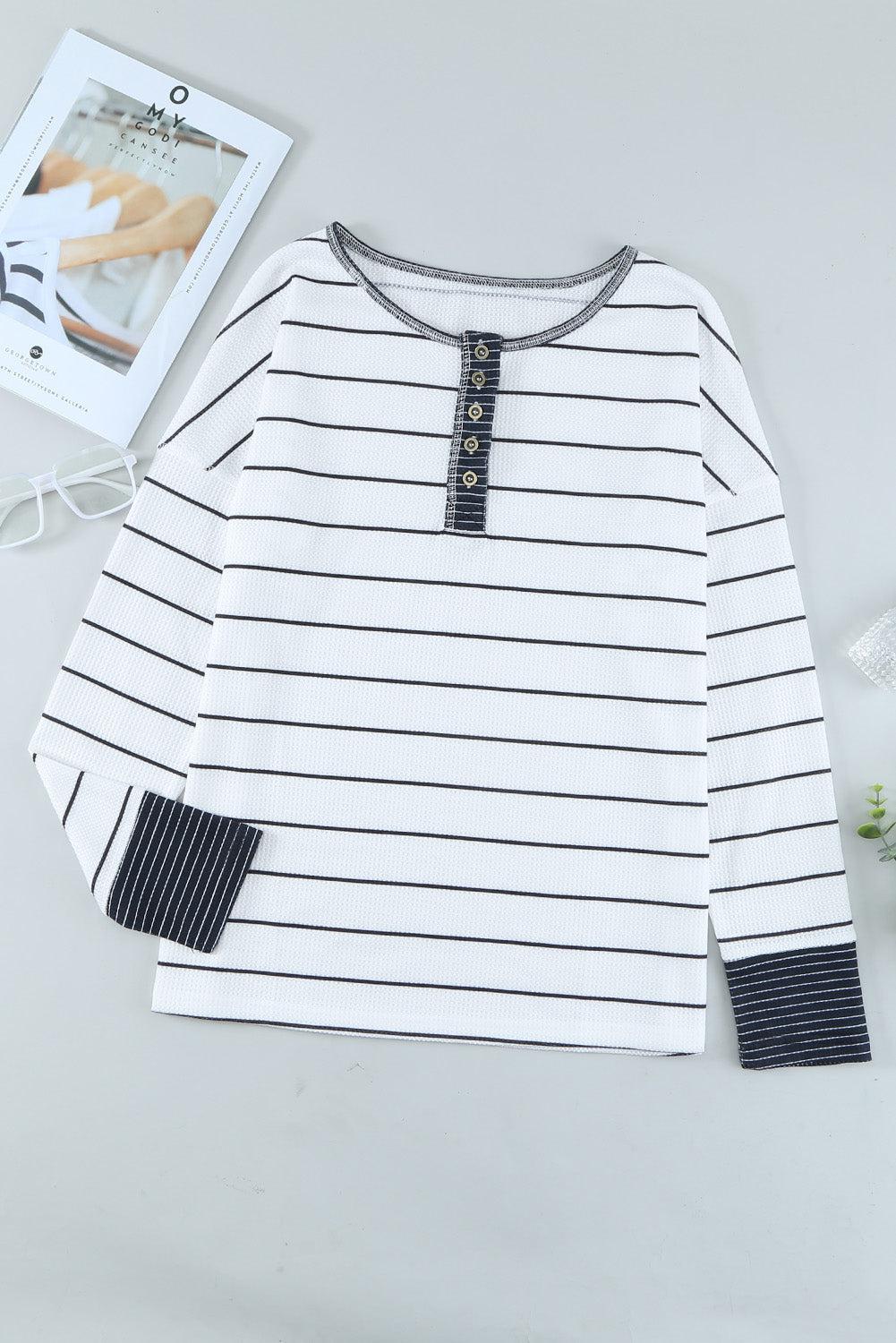 Striped Waffle Knit Henley Long Sleeve Top BLUE ZONE PLANET