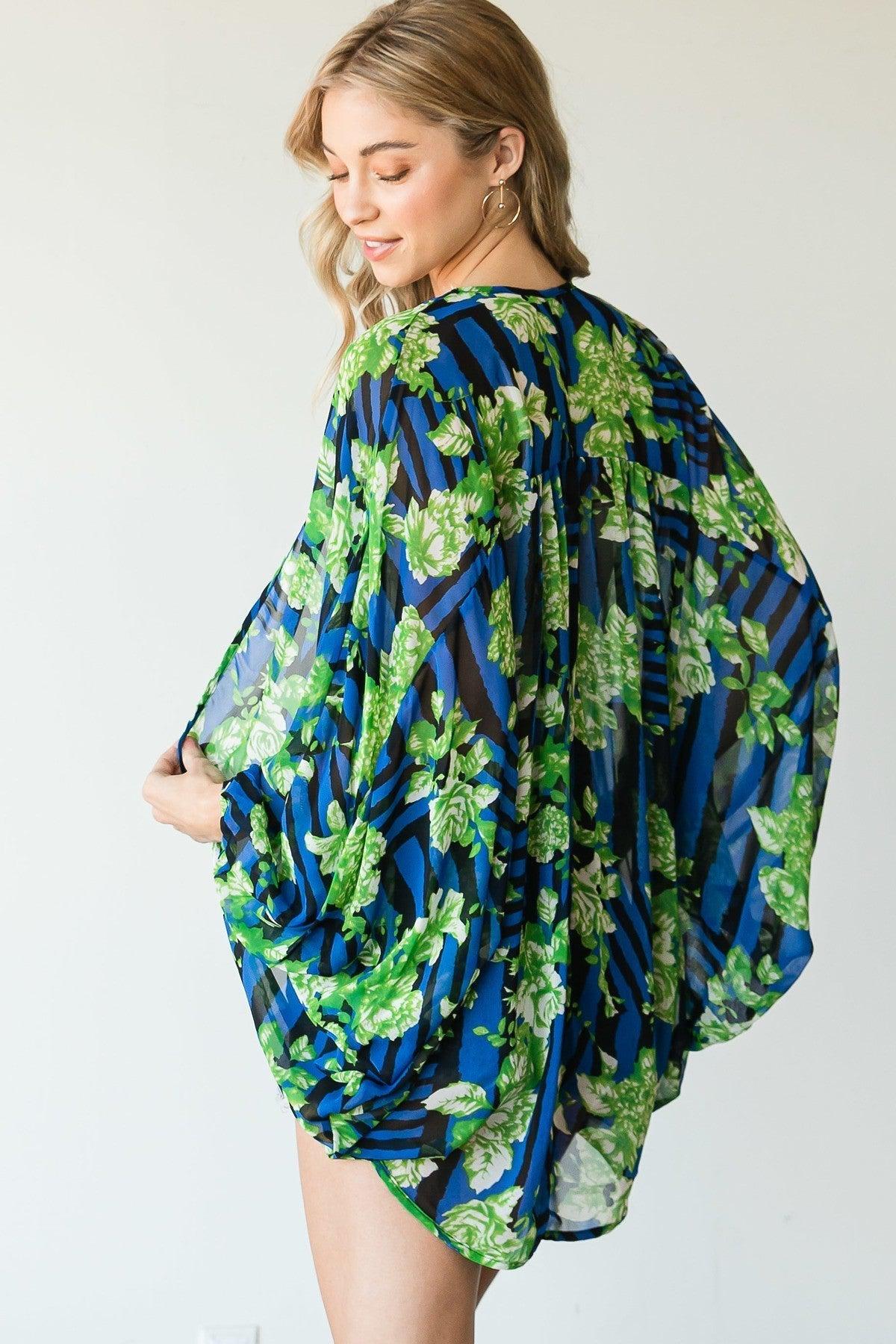 Stripes And Floral Print Lightweight Kimono-TOPS / DRESSES-[Adult]-[Female]-Blue Zone Planet