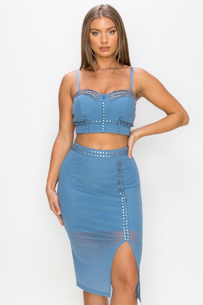 Studded Stone Cami Top & Slit Mini Skirts Set Blue Zone Planet