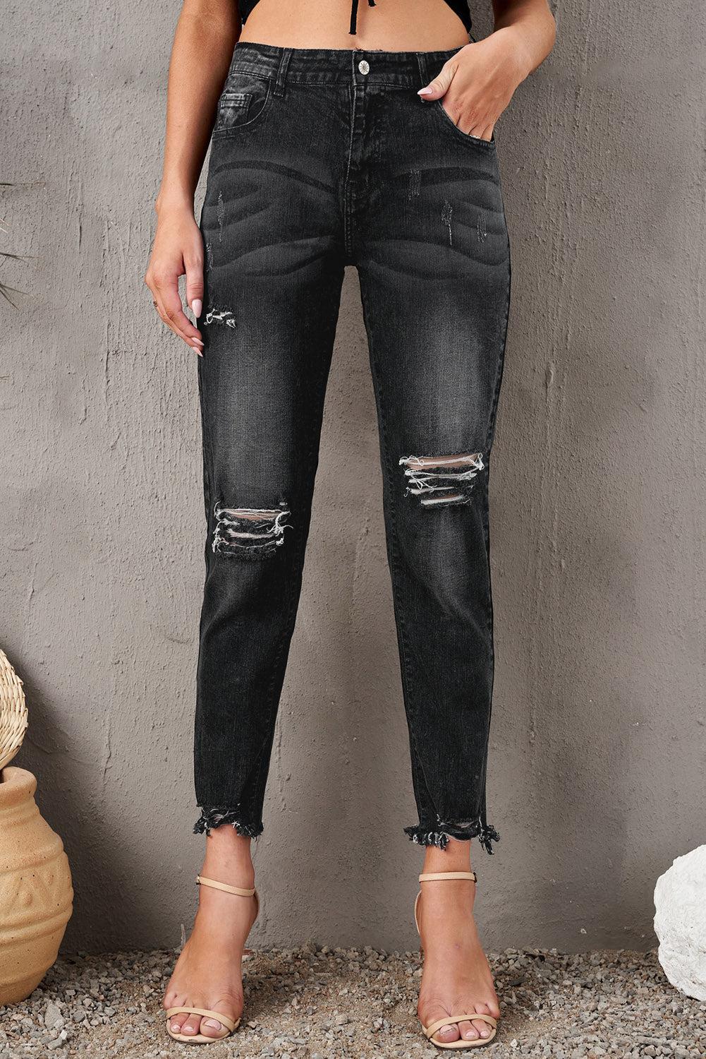 Stylish Distressed Cropped Jeans BLUE ZONE PLANET