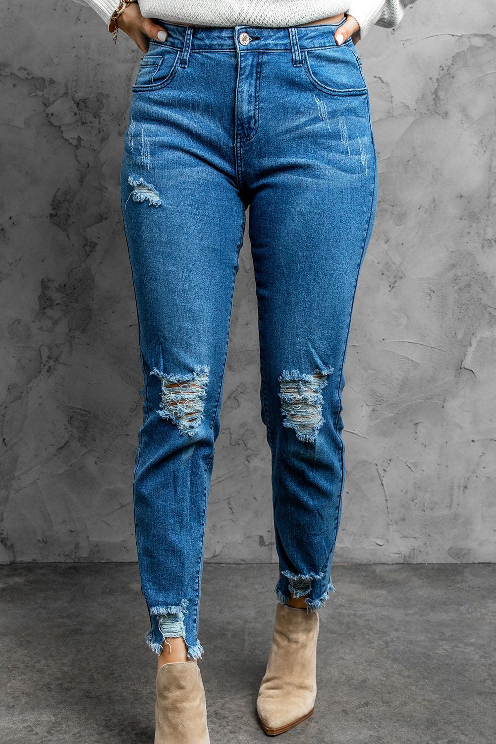 Stylish Distressed Cropped Jeans BLUE ZONE PLANET