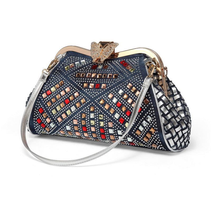 Summer New Style Cowgirl Canvas Woven Rhinestone Shoulder Messenger Bag Butterfly Clip Blue Zone Planet