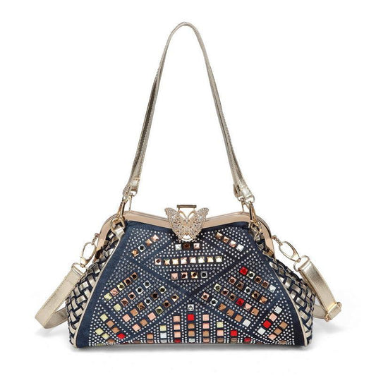 Summer New Style Cowgirl Canvas Woven Rhinestone Shoulder Messenger Bag Butterfly Clip Blue Zone Planet