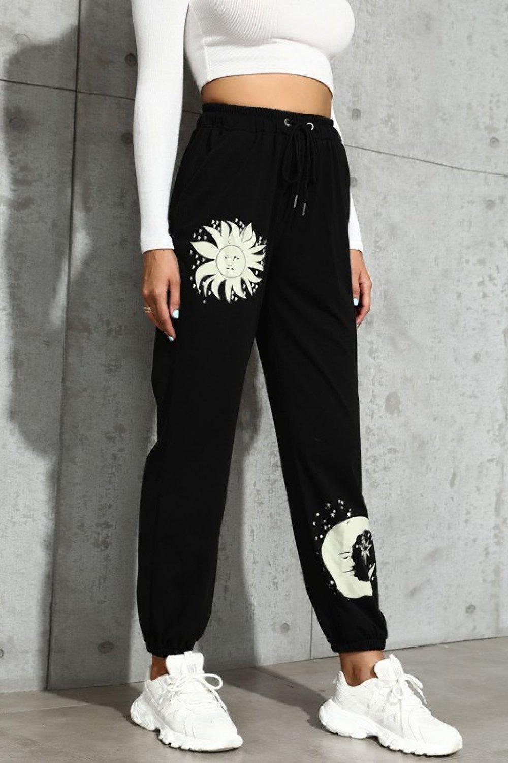 Sun and Moon Graphic Drawstring Joggers-BOTTOMS SIZES SMALL MEDIUM LARGE-[Adult]-[Female]-Blue Zone Planet