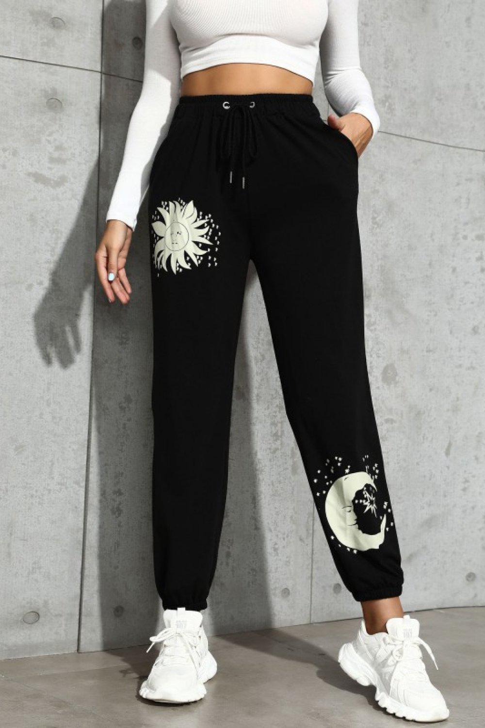Sun and Moon Graphic Drawstring Joggers-BOTTOMS SIZES SMALL MEDIUM LARGE-[Adult]-[Female]-Black-S-Blue Zone Planet
