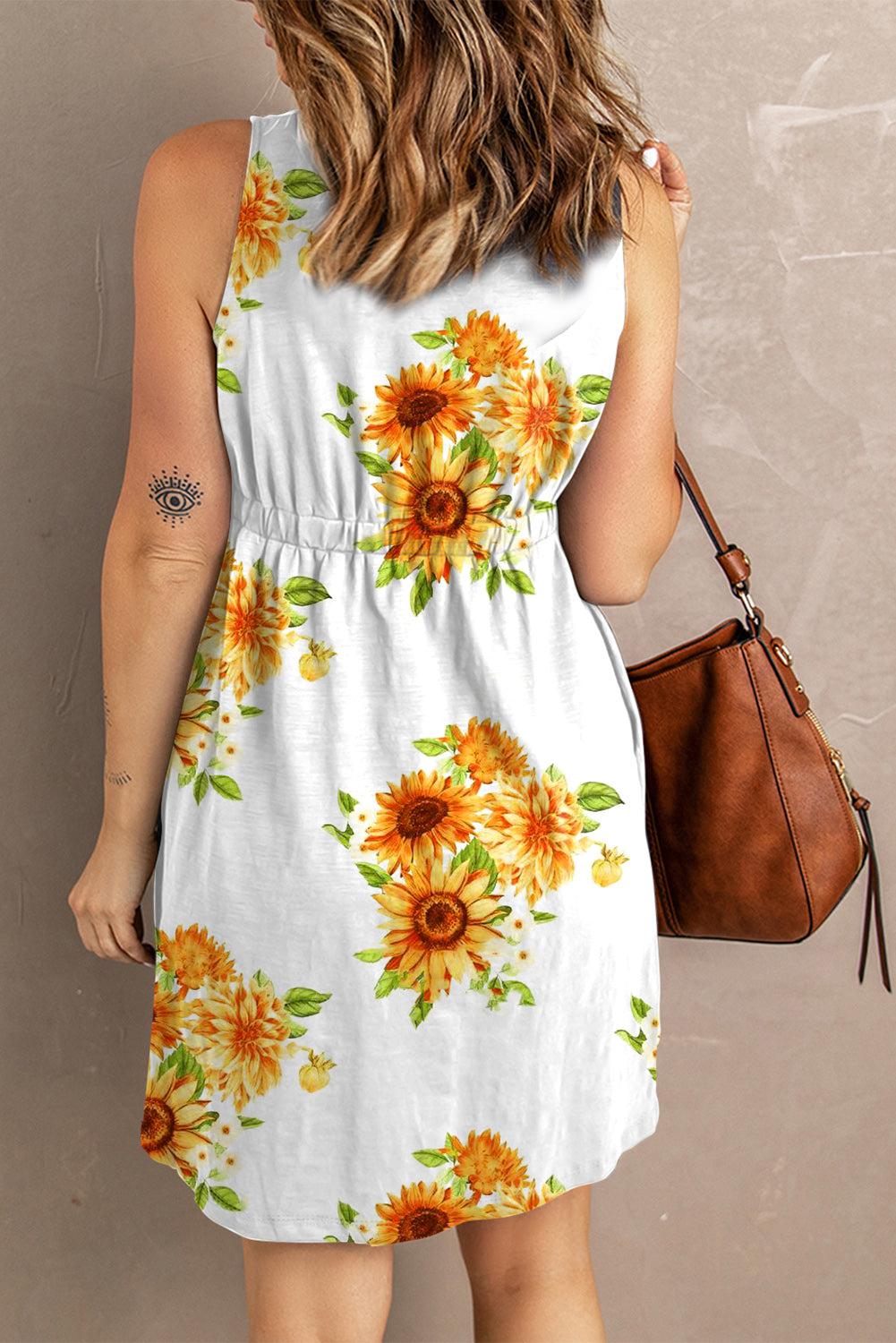 Sunflower Print Button Down Sleeveless Mini Dress BLUE ZONE PLANET