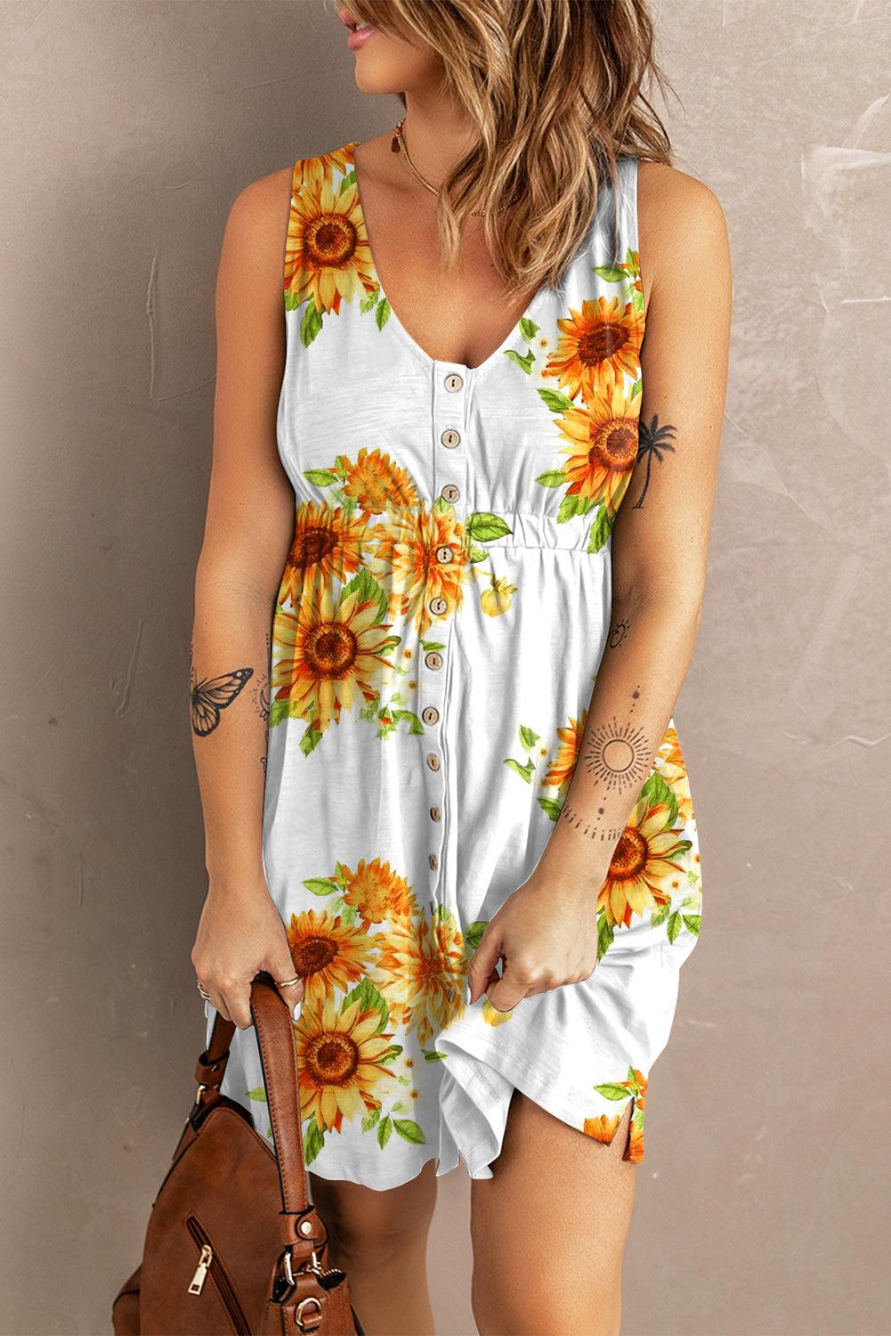 Sunflower Print Button Down Sleeveless Mini Dress BLUE ZONE PLANET