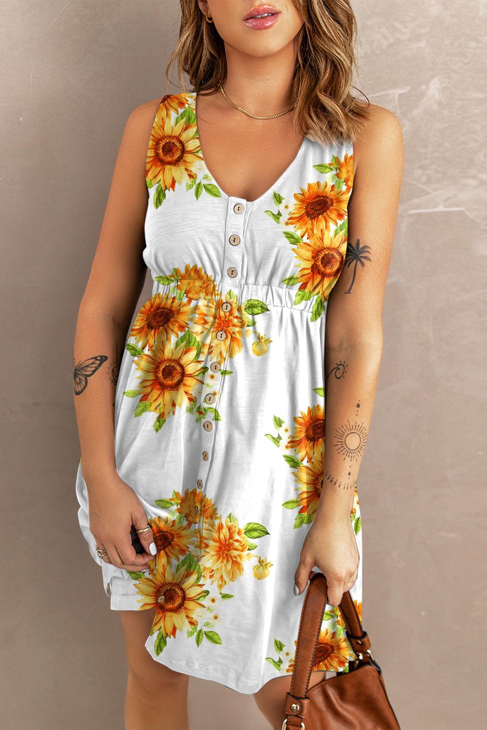 Sunflower Print Button Down Sleeveless Mini Dress BLUE ZONE PLANET