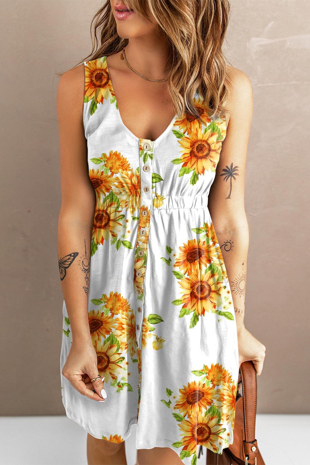 Sunflower Print Button Down Sleeveless Mini Dress BLUE ZONE PLANET