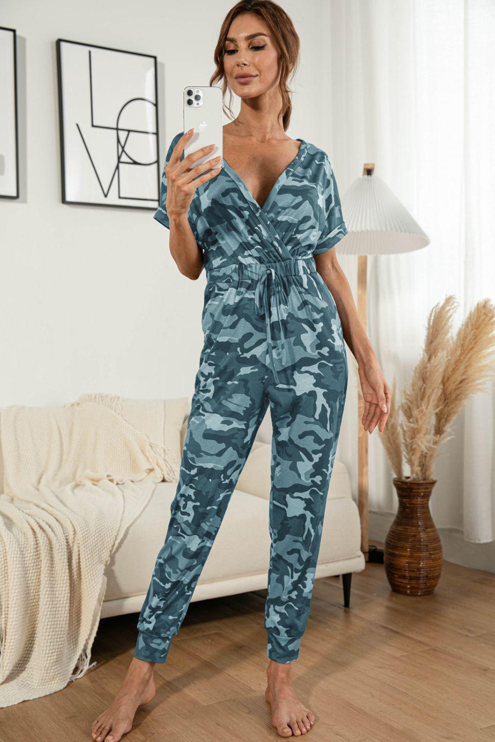 Surplice Neck Tied Short Sleeve Jumpsuit BLUE ZONE PLANET