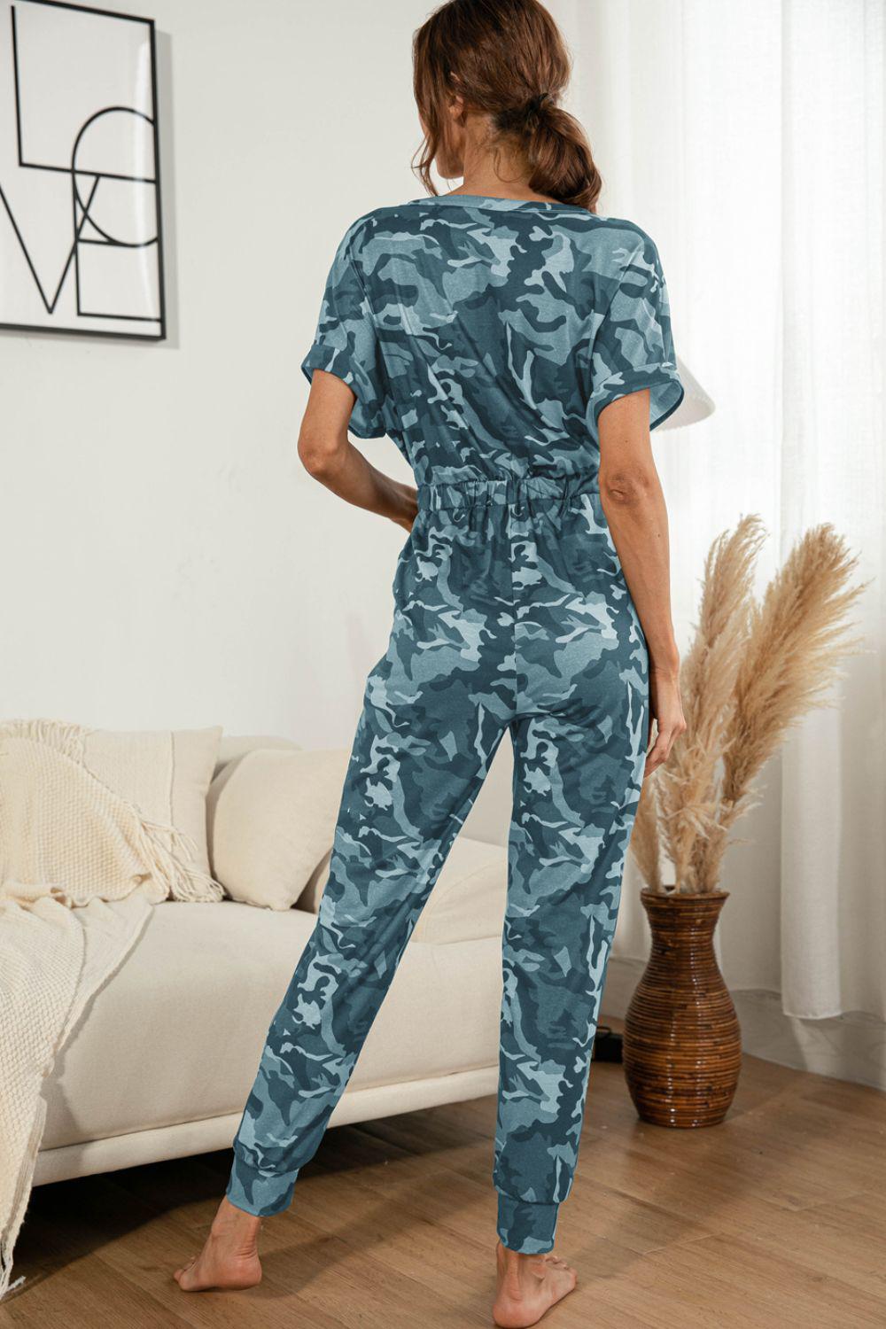 Surplice Neck Tied Short Sleeve Jumpsuit BLUE ZONE PLANET