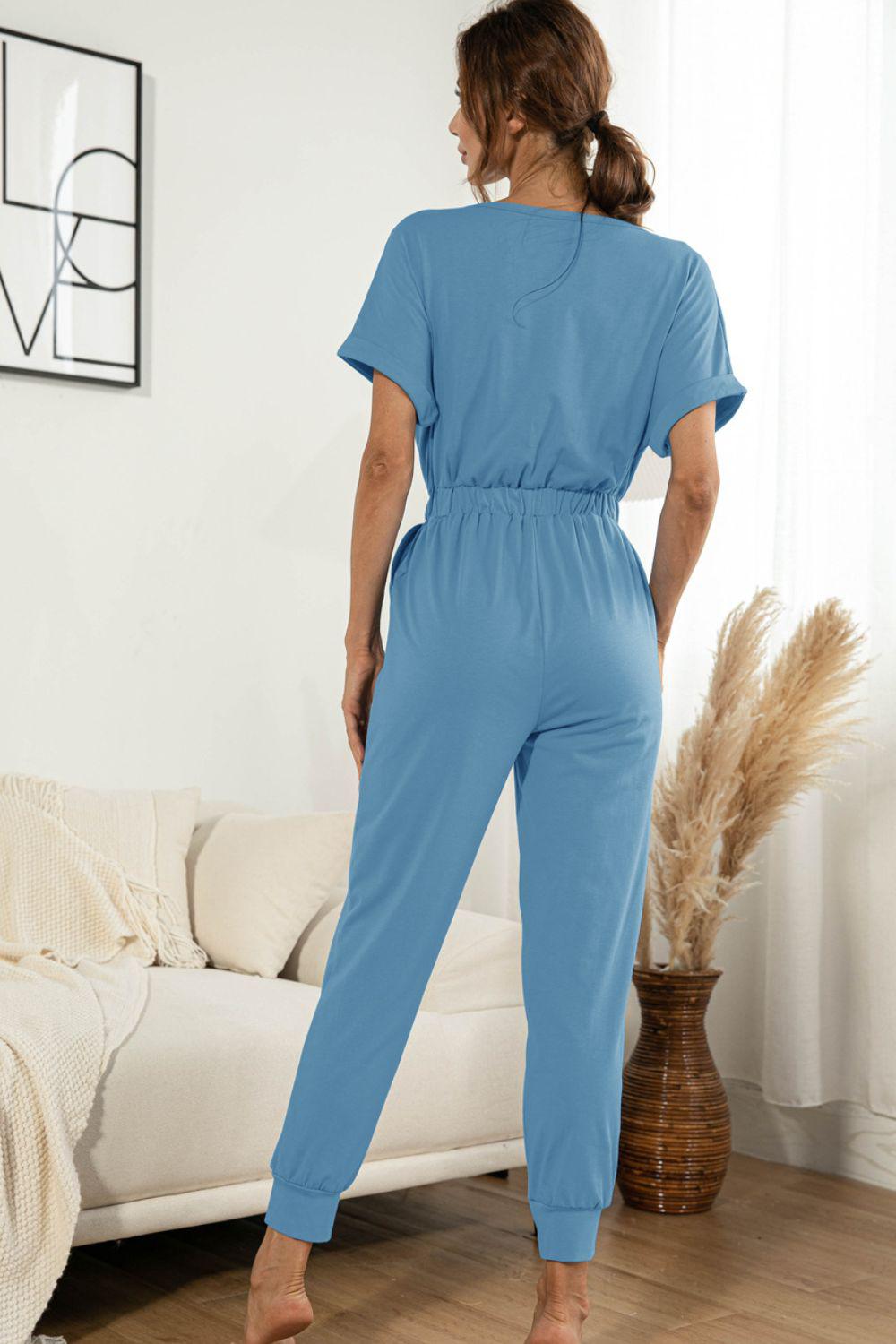 Surplice Neck Tied Short Sleeve Jumpsuit BLUE ZONE PLANET