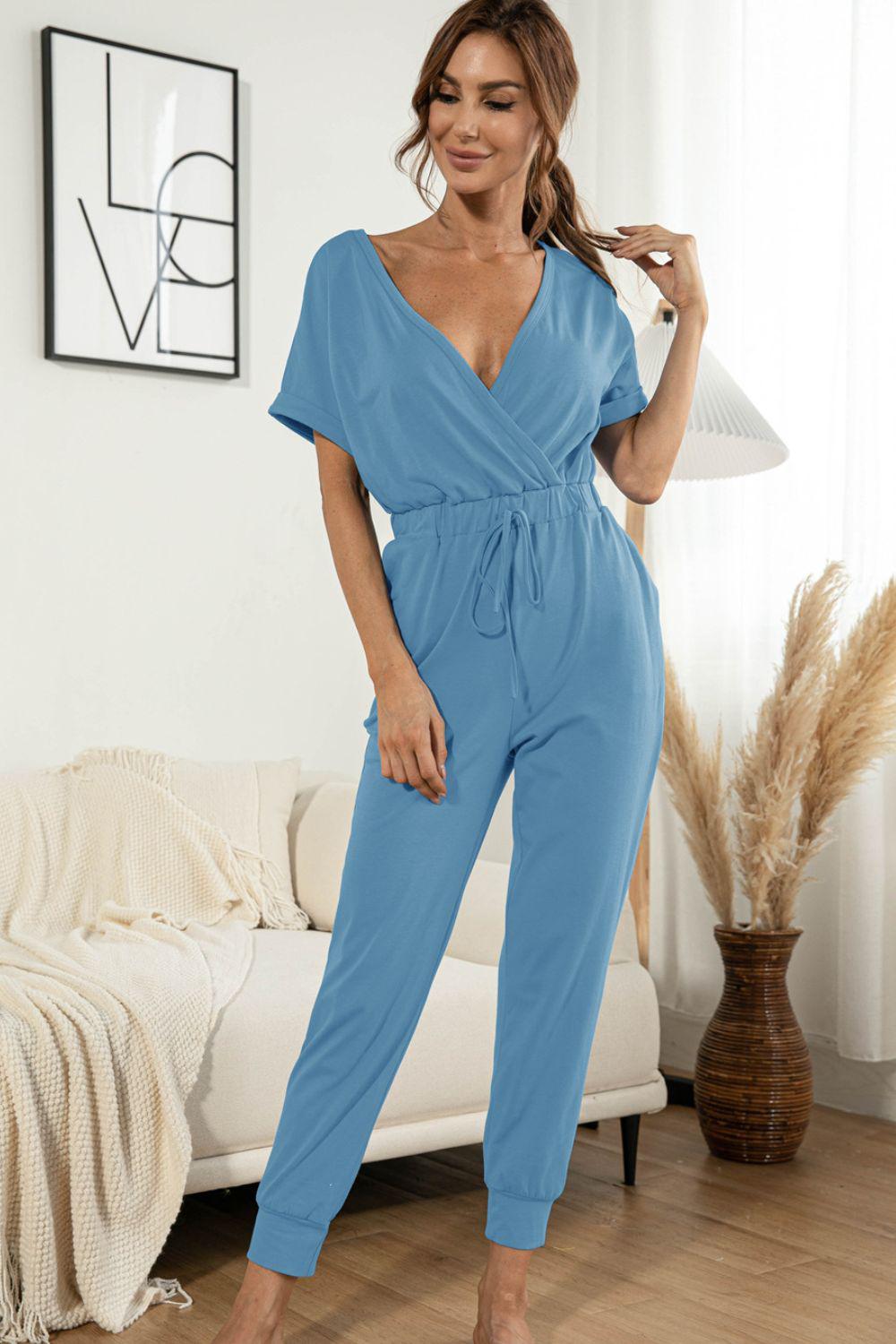 Surplice Neck Tied Short Sleeve Jumpsuit BLUE ZONE PLANET