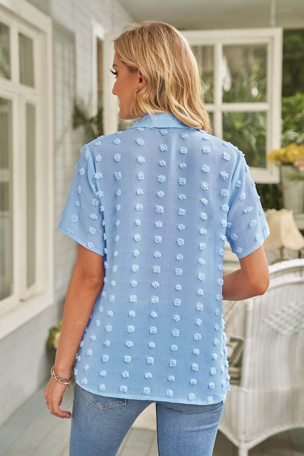Swiss Dot Collar Short Sleeve Shirt BLUE ZONE PLANET