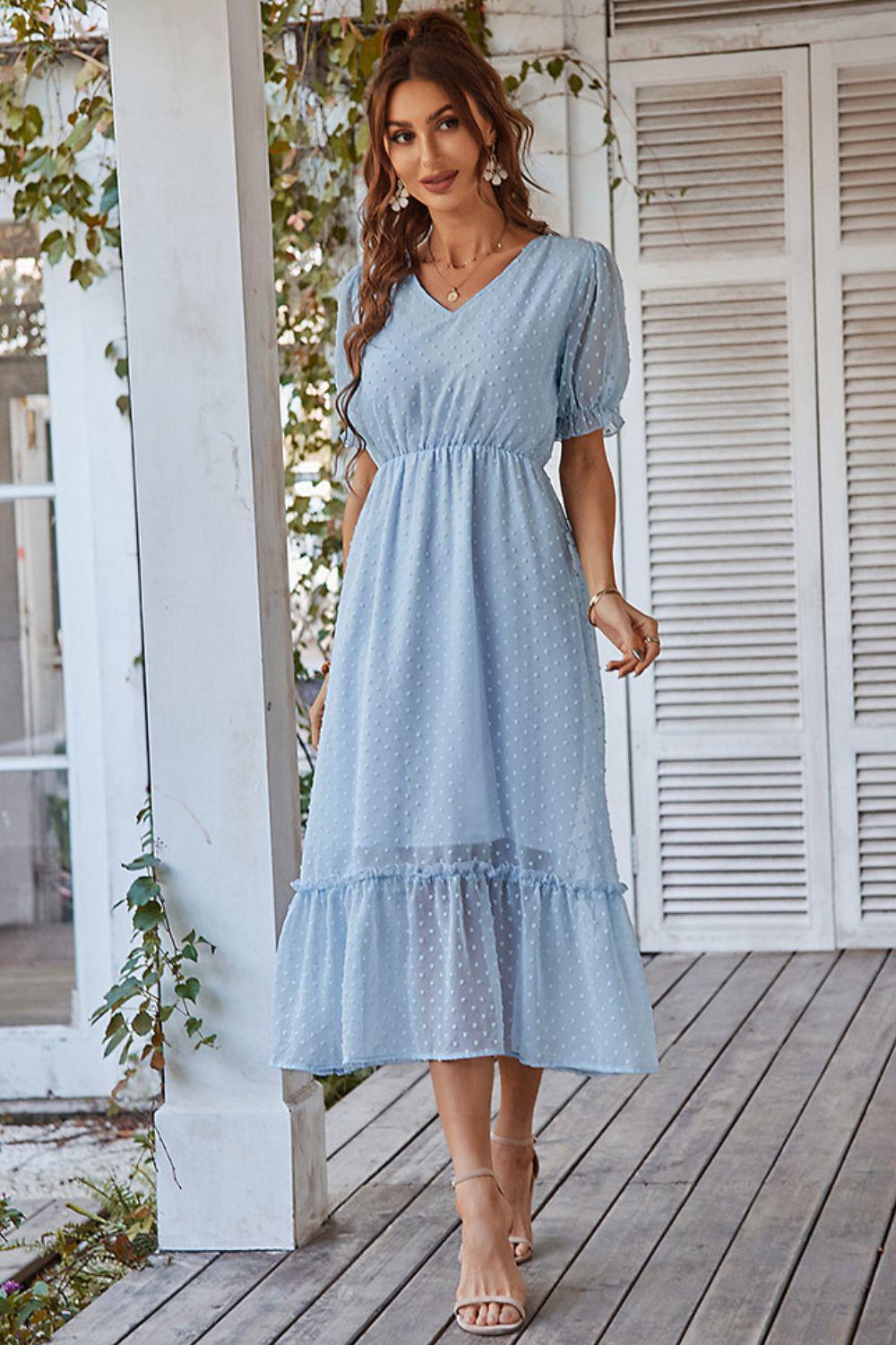 Swiss Dot Frill Trim Flounce Sleeve Midi Dress BLUE ZONE PLANET