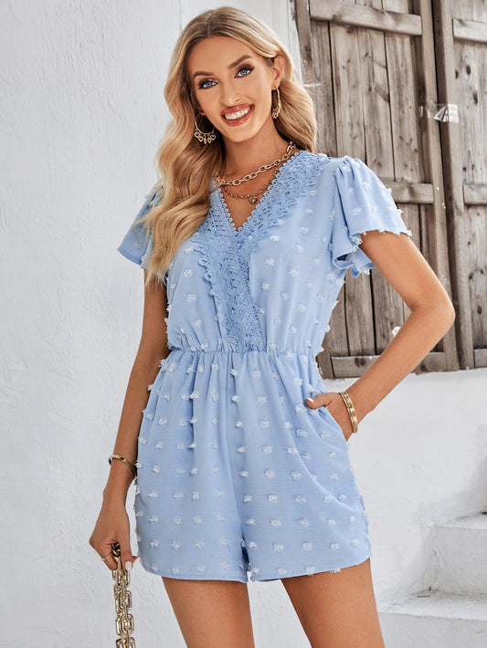 Swiss Dot Lace Trim Flutter Sleeve Romper with Pockets BLUE ZONE PLANET