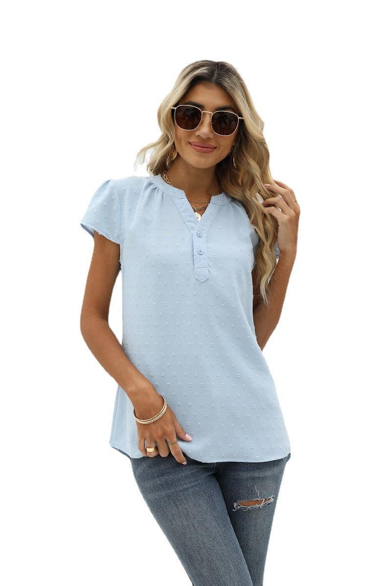 Swiss Dot Notched Neck Short Sleeve Top BLUE ZONE PLANET