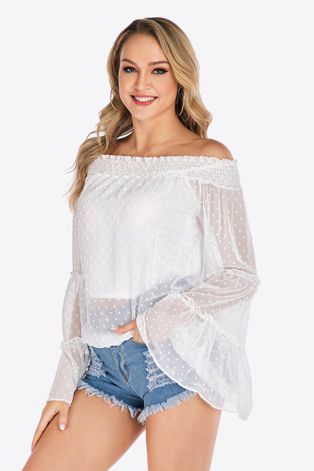 Swiss Dot Off-Shoulder Blouse BLUE ZONE PLANET