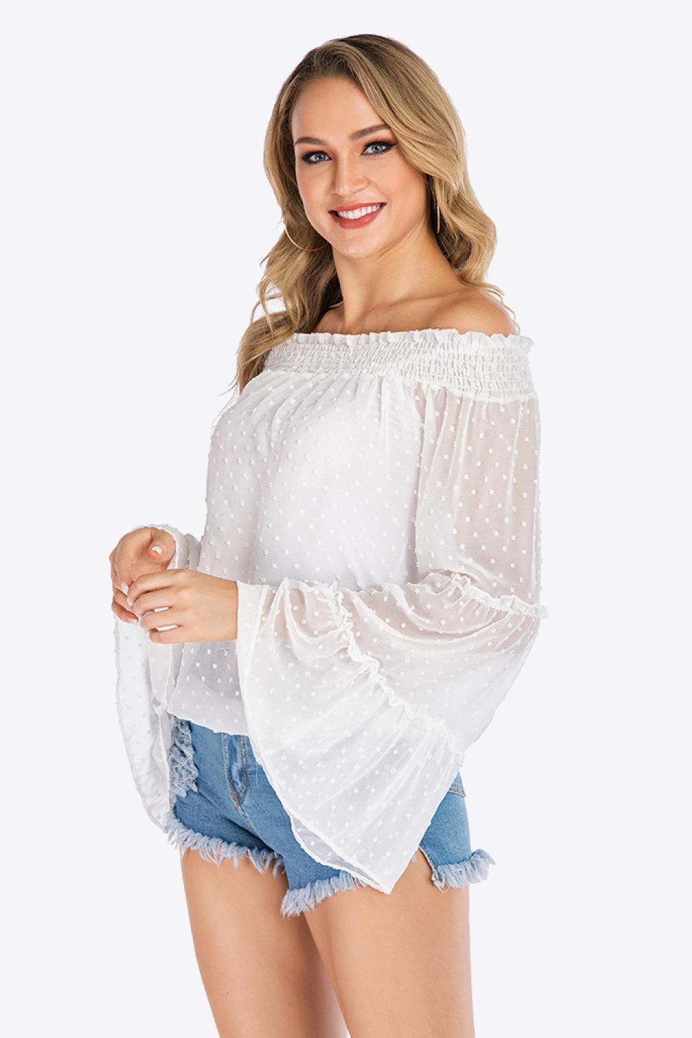 Swiss Dot Off-Shoulder Blouse BLUE ZONE PLANET