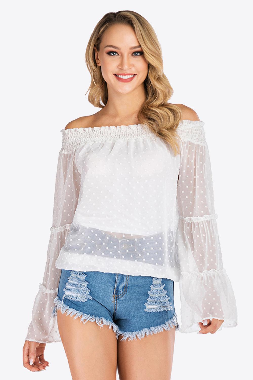 Swiss Dot Off-Shoulder Blouse BLUE ZONE PLANET