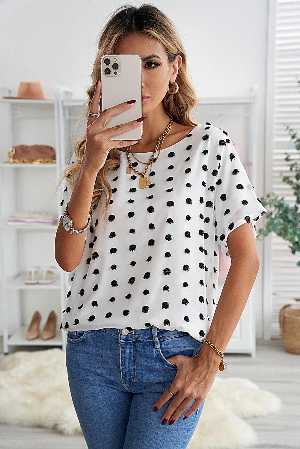 Swiss Dot Round Neck Blouse BLUE ZONE PLANET