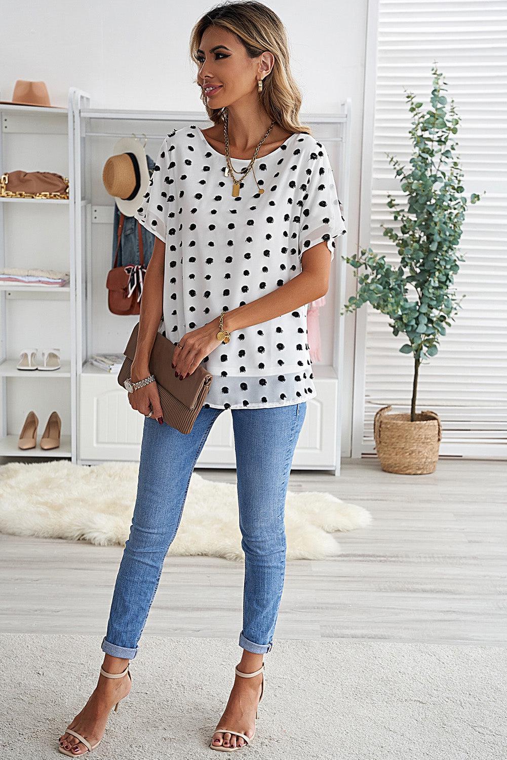 Swiss Dot Round Neck Blouse BLUE ZONE PLANET