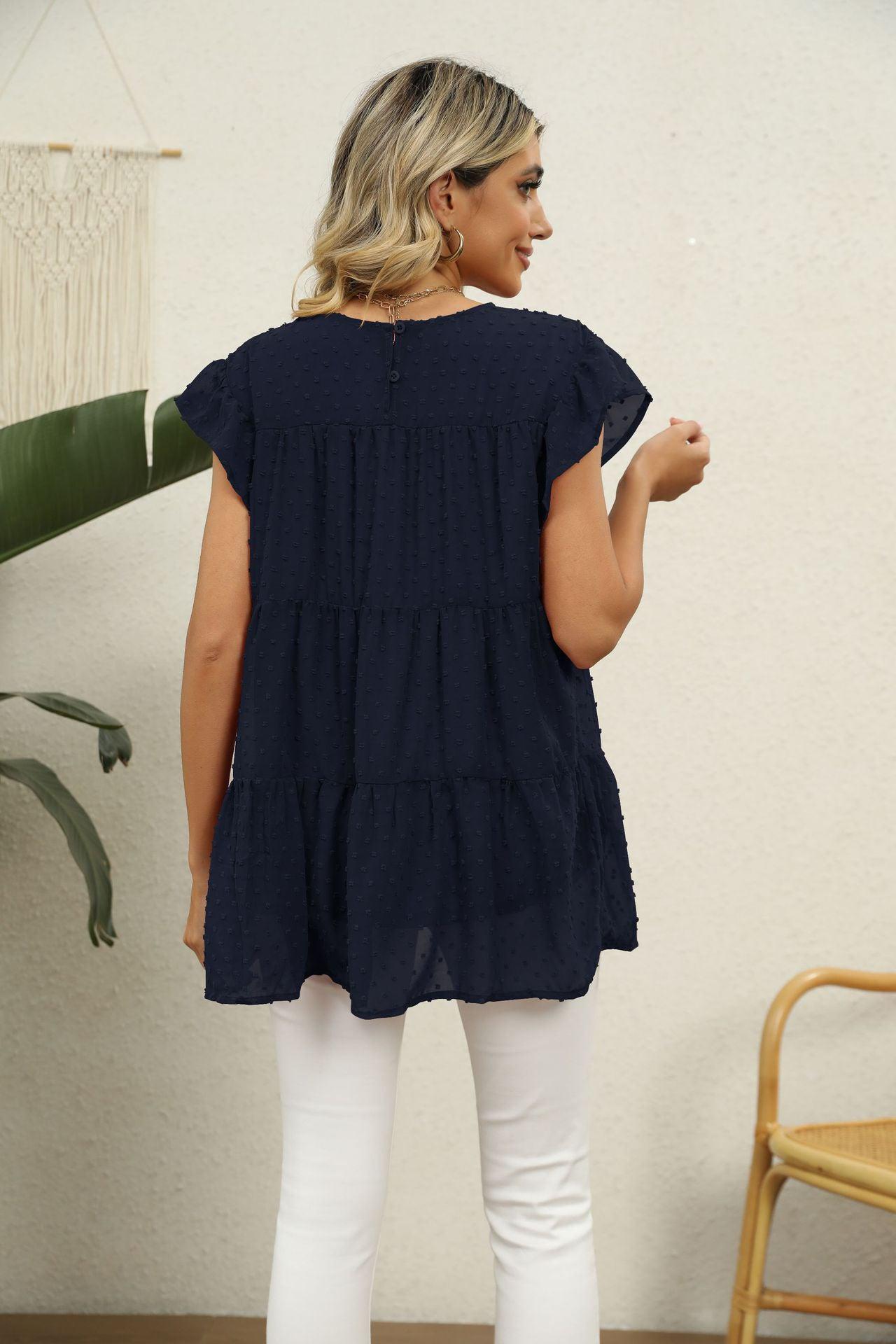 Swiss Dot Round Neck Tiered Blouse BLUE ZONE PLANET