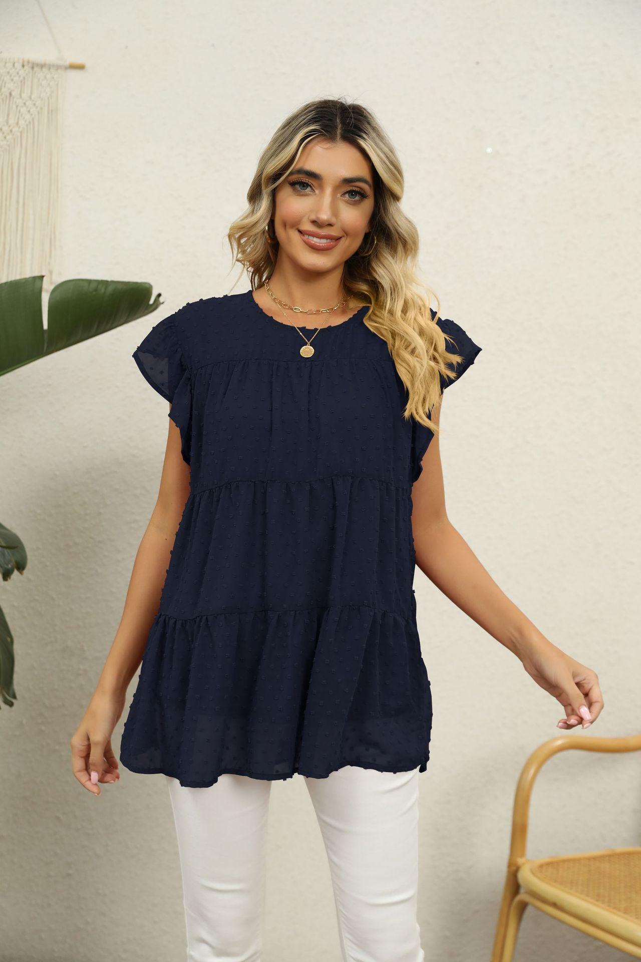 Swiss Dot Round Neck Tiered Blouse BLUE ZONE PLANET