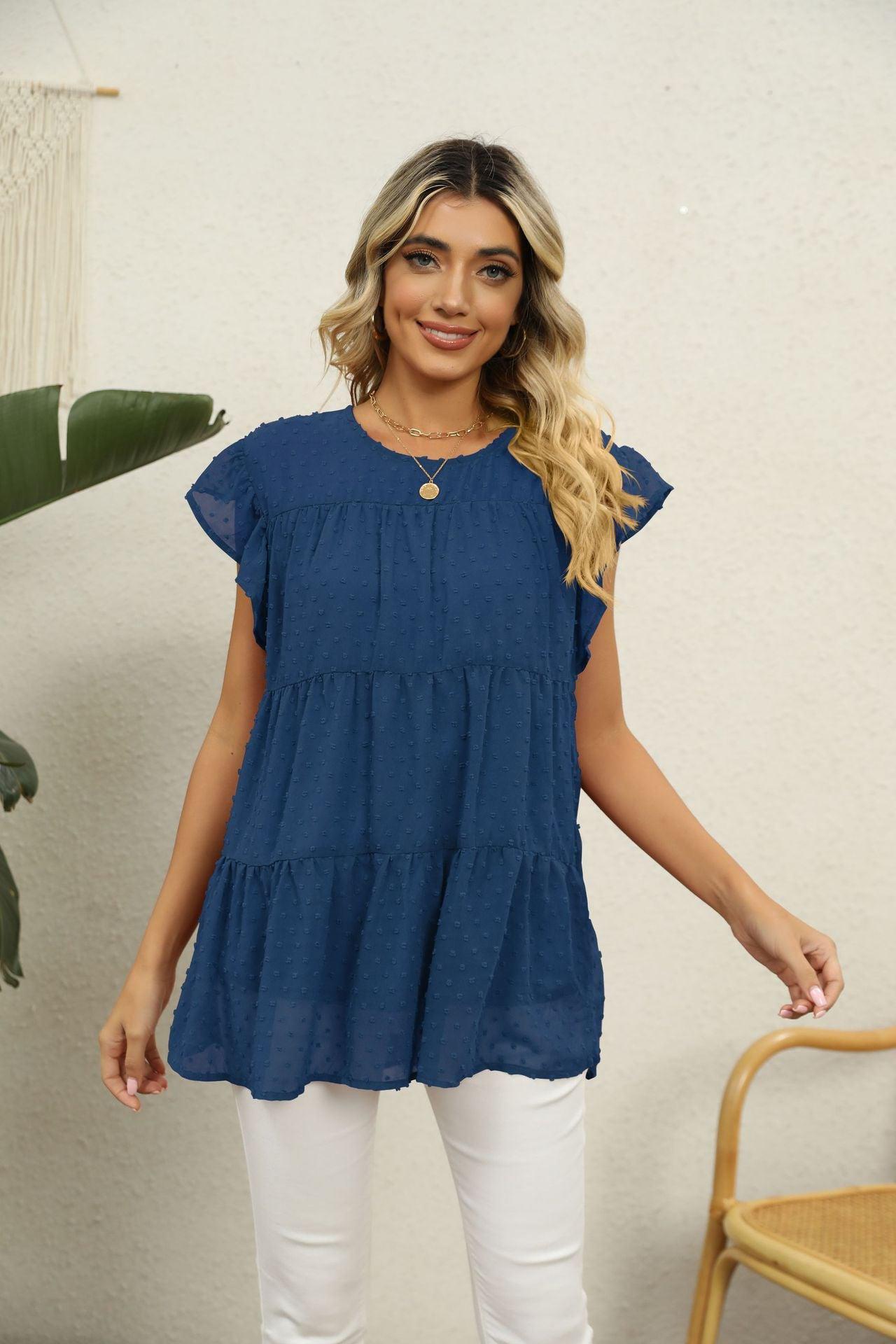 Swiss Dot Round Neck Tiered Blouse BLUE ZONE PLANET