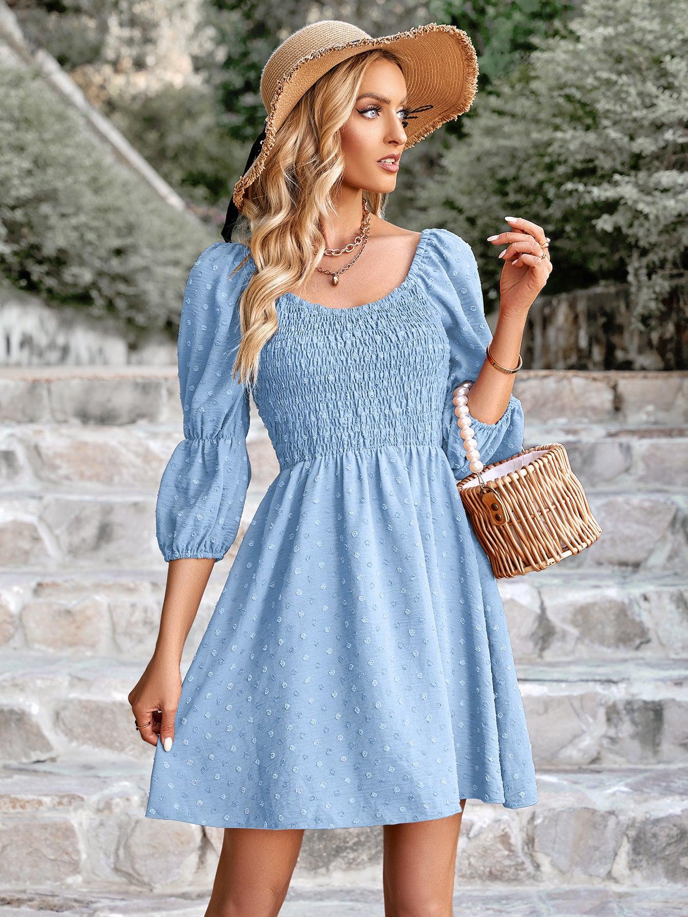 Swiss Dot Smocked Scoop Neck Dress BLUE ZONE PLANET