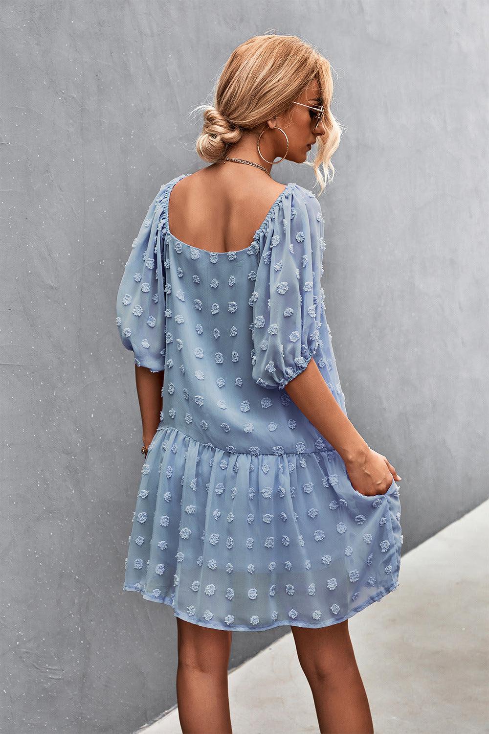 Swiss Dot Square Neck Half Balloon Sleeve Dress BLUE ZONE PLANET