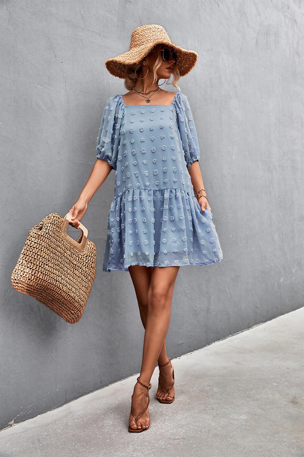 Swiss Dot Square Neck Half Balloon Sleeve Dress BLUE ZONE PLANET