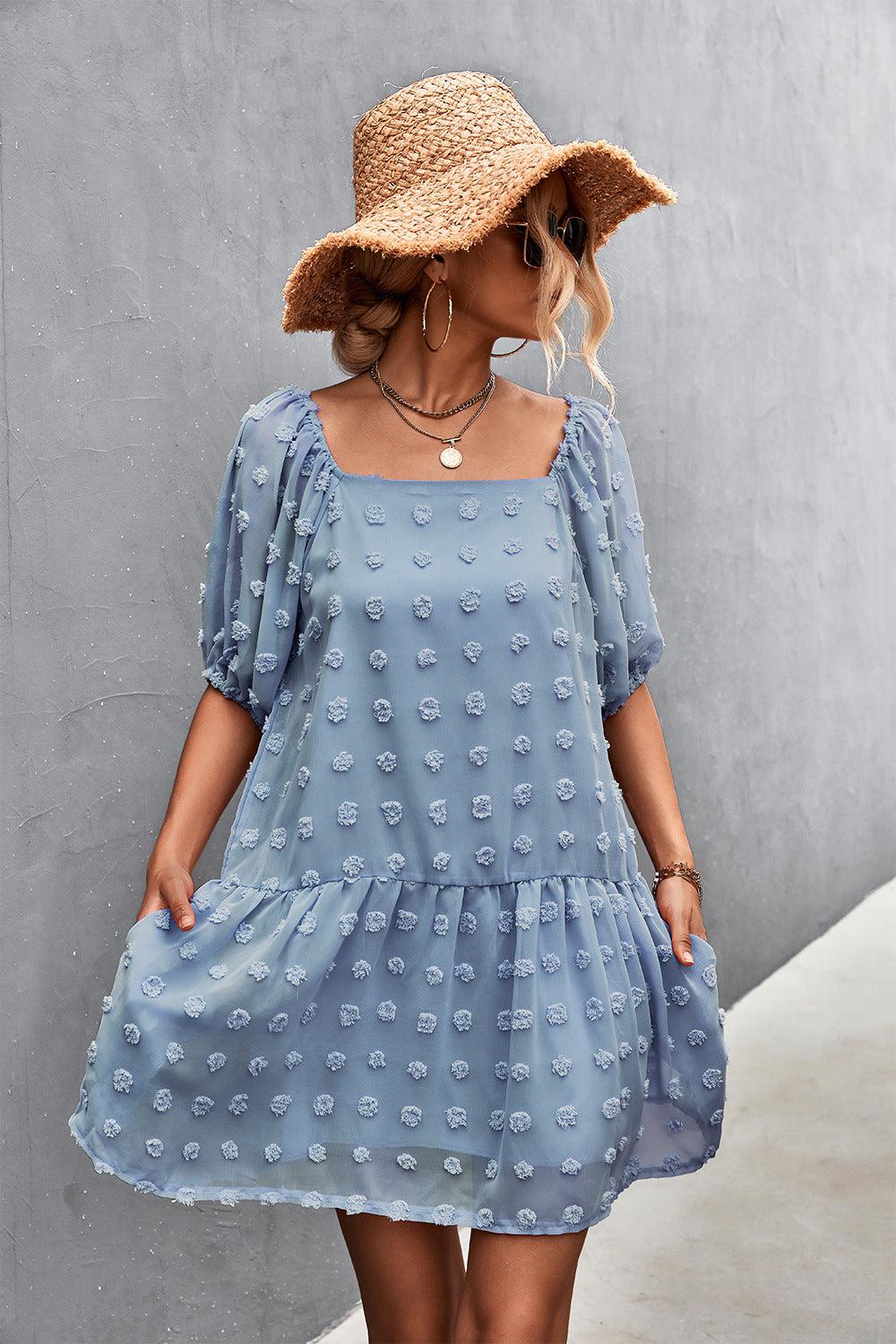 Swiss Dot Square Neck Half Balloon Sleeve Dress BLUE ZONE PLANET