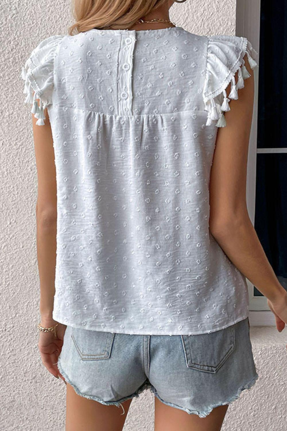 Swiss Dot Tassel Detail Round Neck Blouse BLUE ZONE PLANET