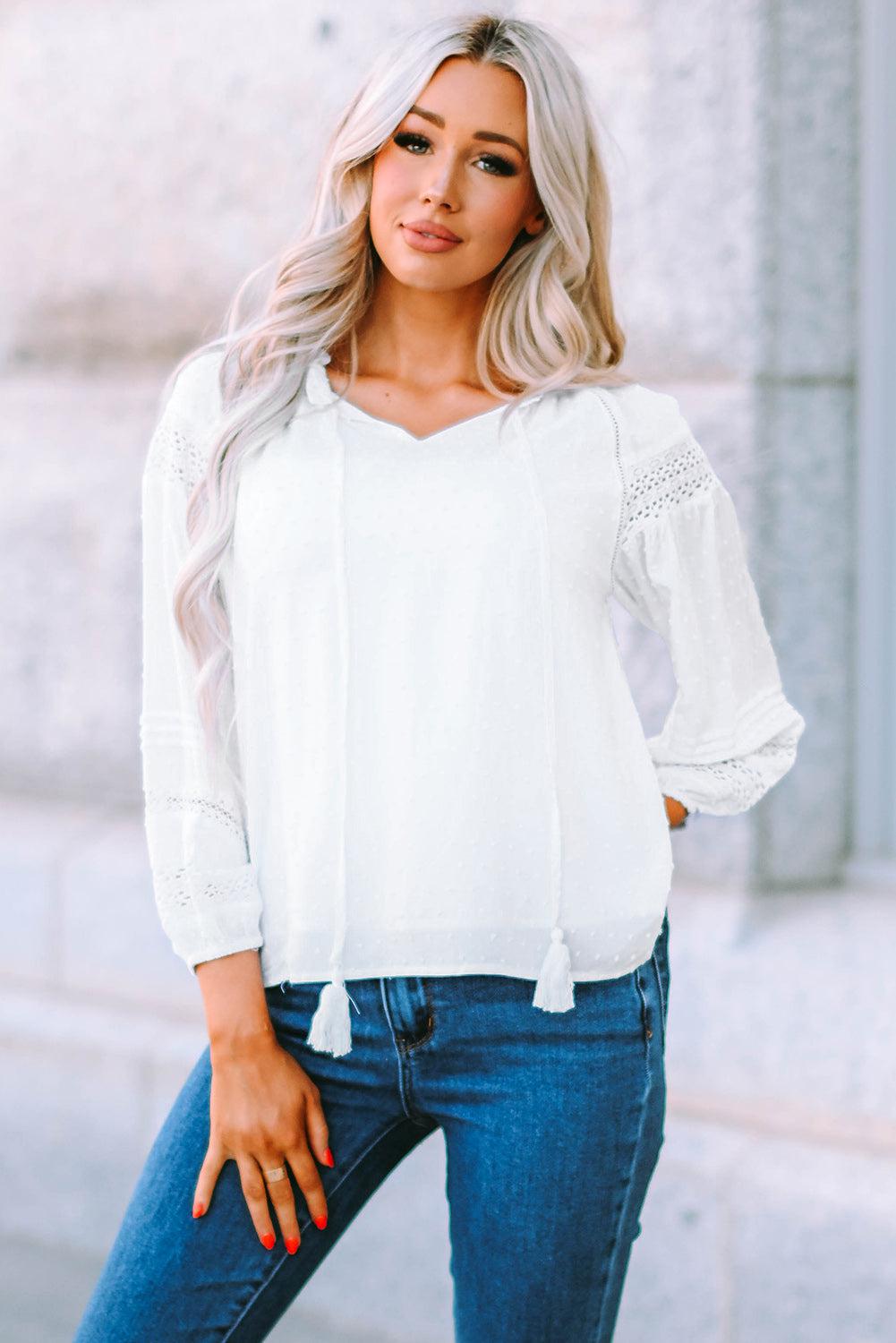 Swiss Dot Tassel Tie Blouse-TOPS / DRESSES-[Adult]-[Female]-White-S-Blue Zone Planet