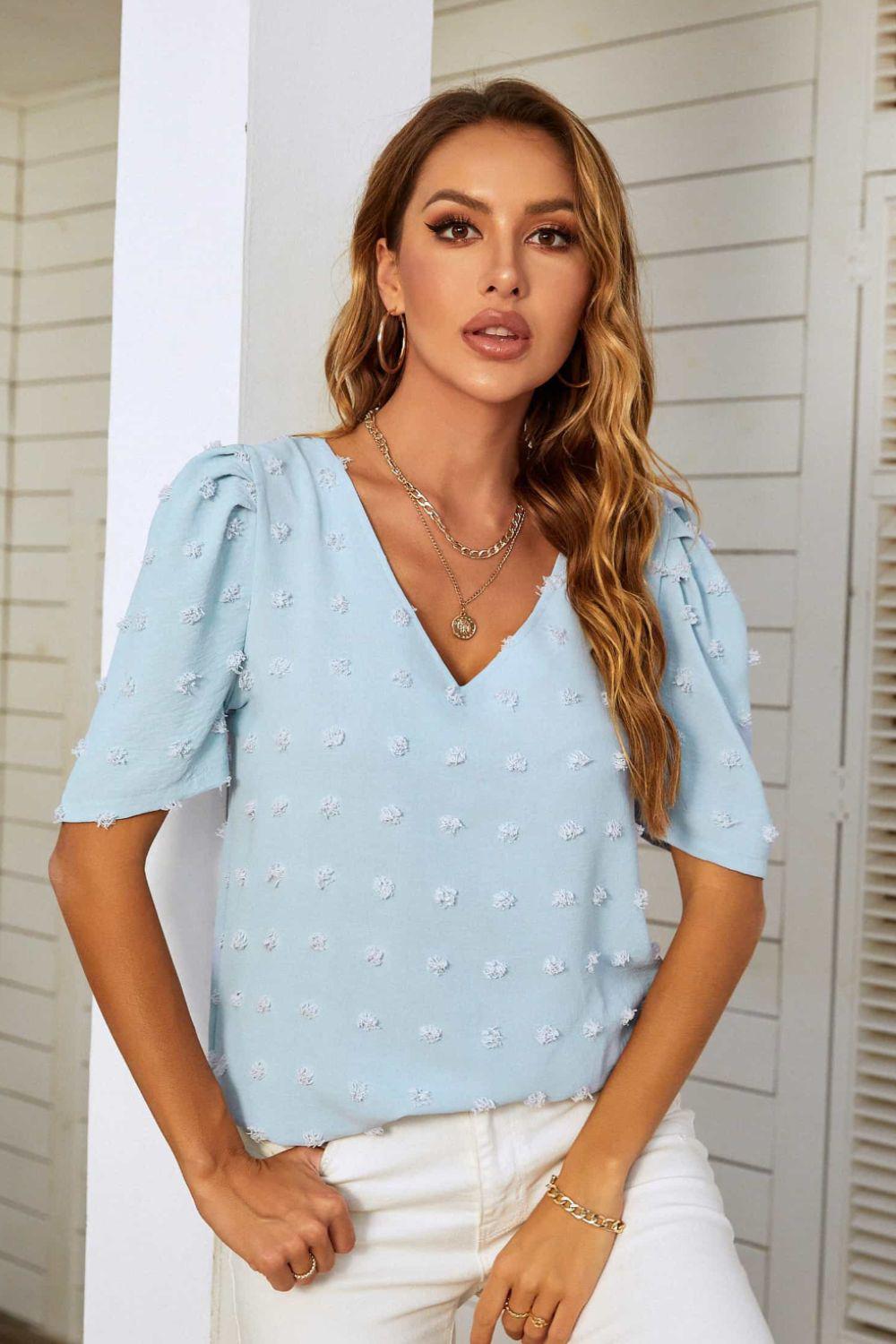 Swiss Dot V-Neck Puff Sleeve Blouse BLUE ZONE PLANET