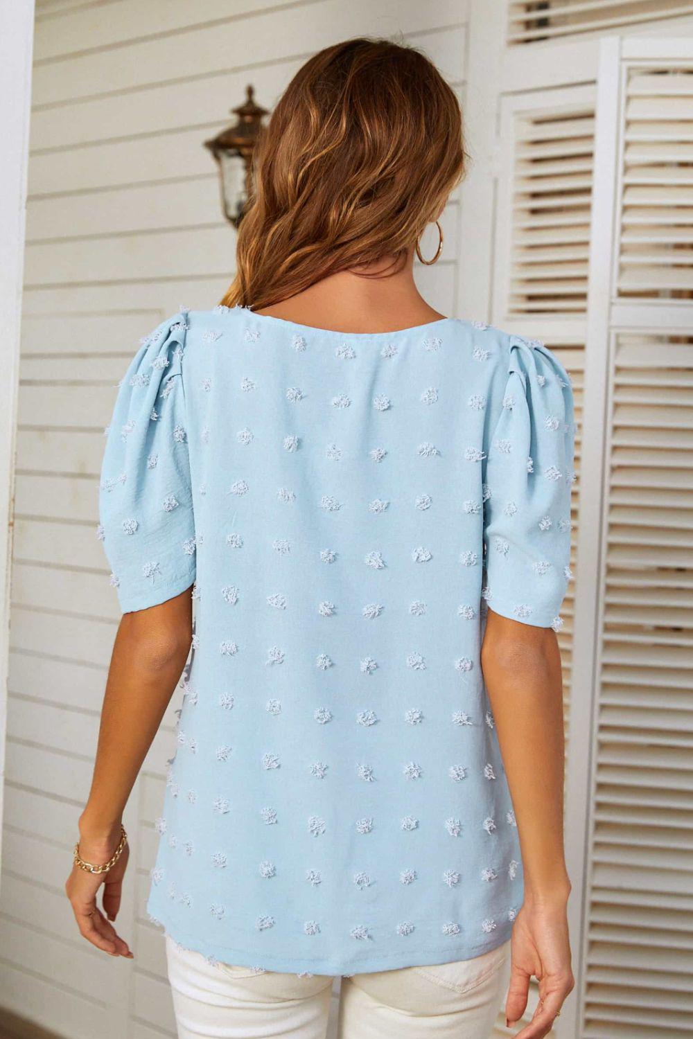 Swiss Dot V-Neck Puff Sleeve Blouse BLUE ZONE PLANET