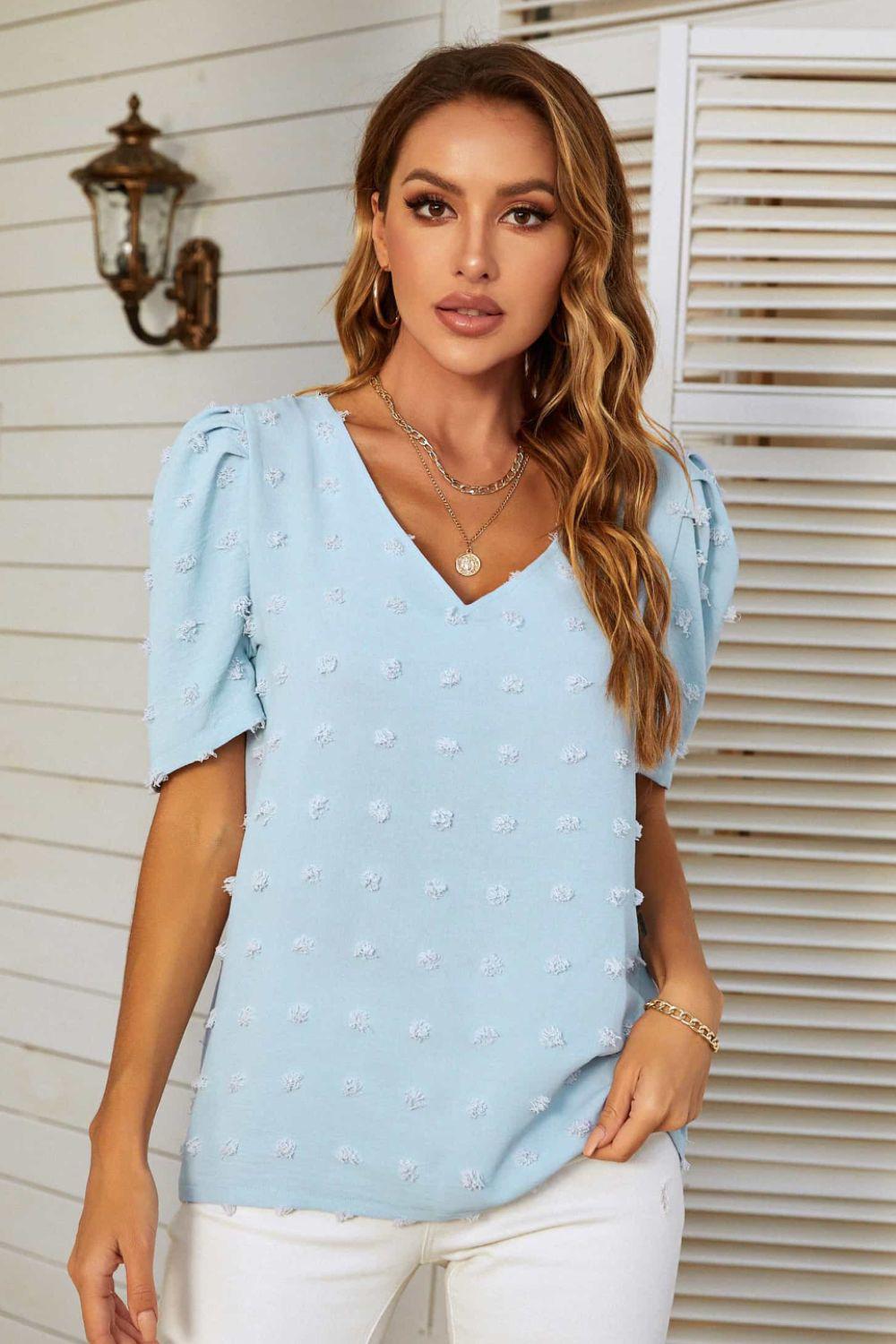 Swiss Dot V-Neck Puff Sleeve Blouse BLUE ZONE PLANET