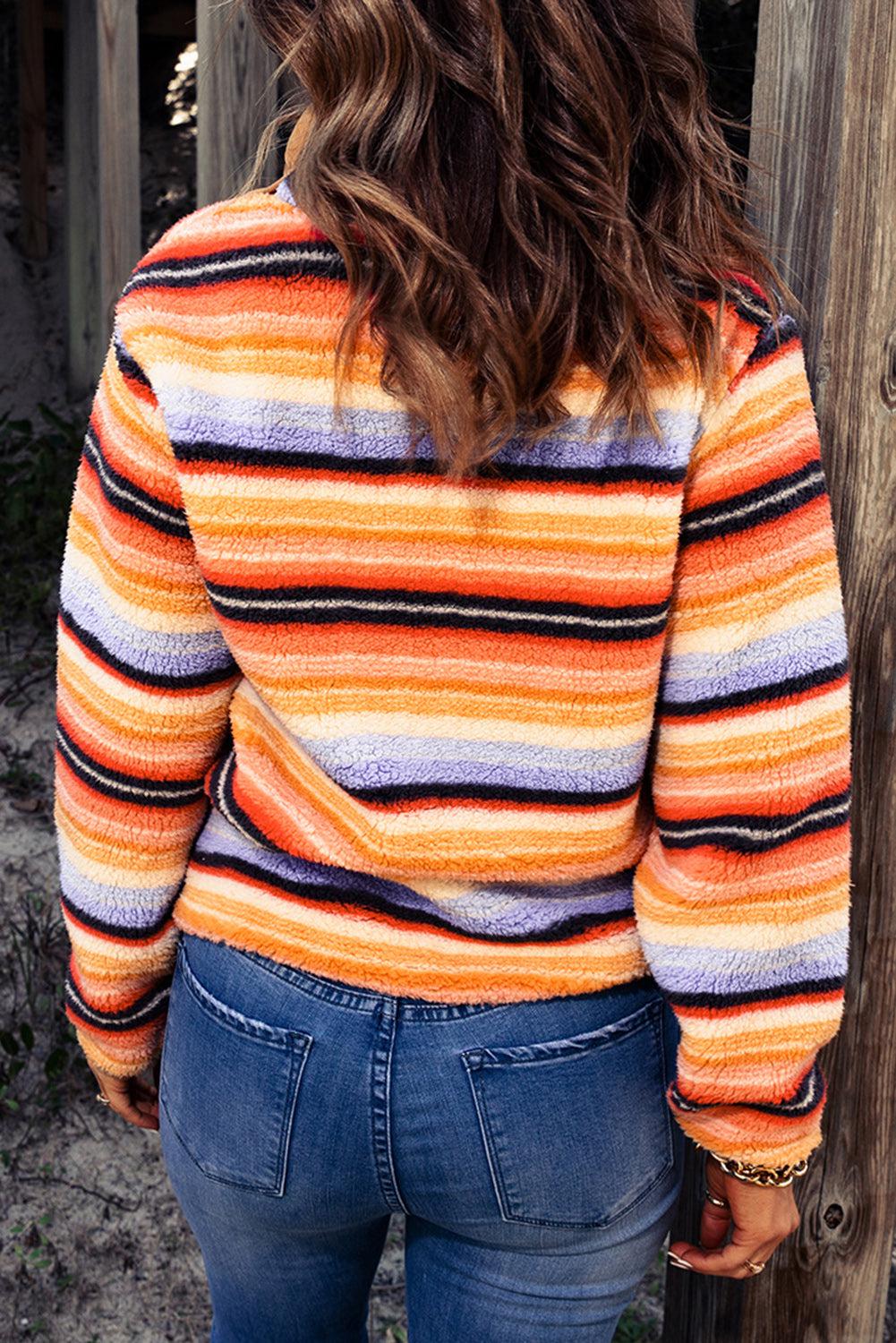 THANKSGIVING Multicolored Stripe Quarter Snap Fleece Sweatshirt BLUE ZONE PLANET