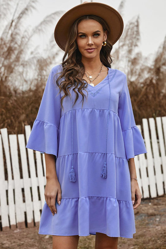 Tassel Tie Tiered Flounce Sleeve Tiered Dress-TOPS / DRESSES-[Adult]-[Female]-Blue-S-2022 Online Blue Zone Planet