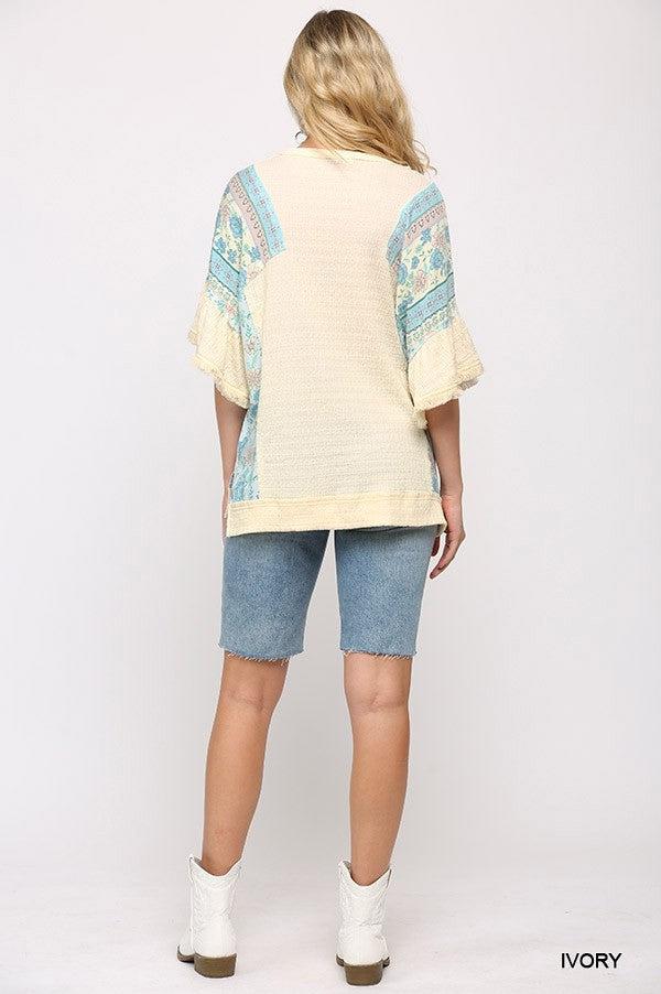 Texture Knit And Print Mixed Hi Low Hem Top Blue Zone Planet