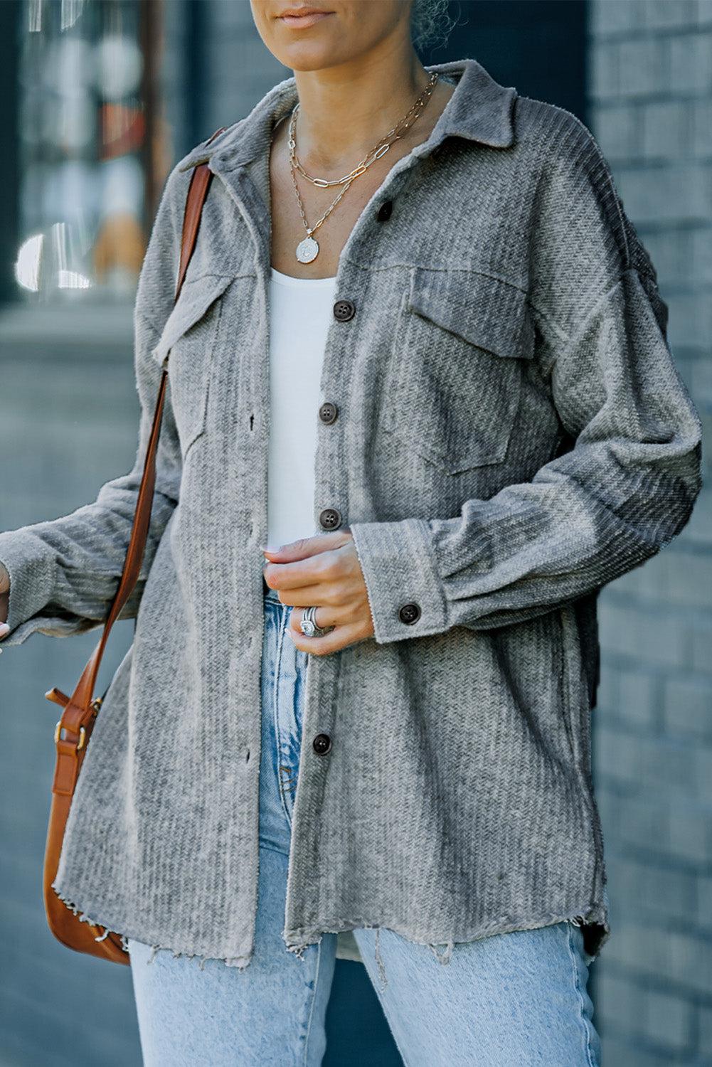 Textured Button Down Shirt Jacket with Pockets BLUE ZONE PLANET