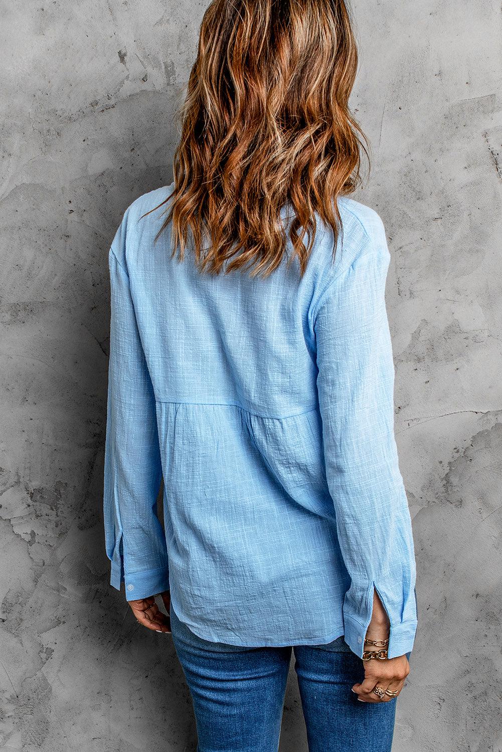 Textured Button Front Curved Hem Shirt BLUE ZONE PLANET