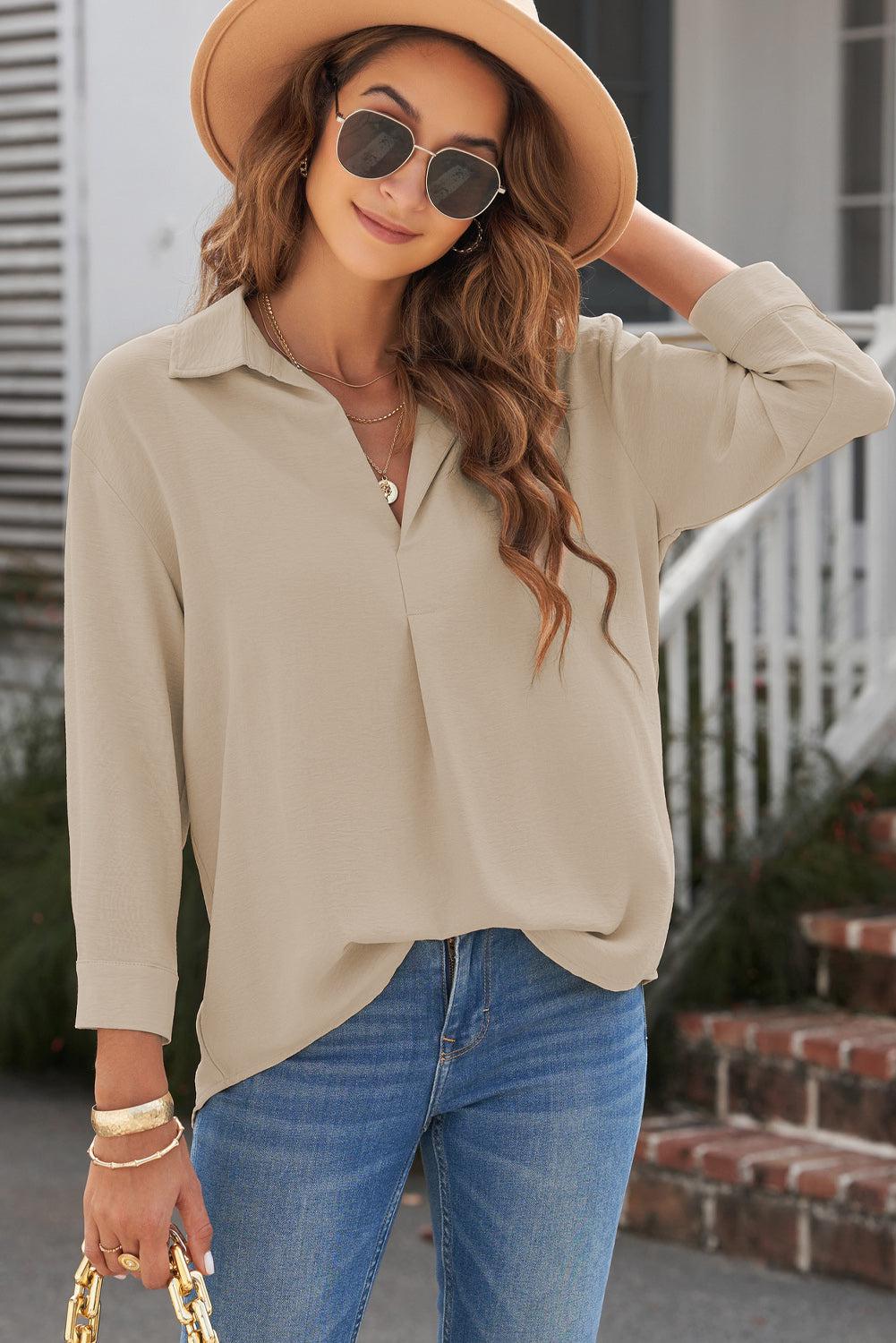 Textured Johnny Collar Three-Quarter Sleeve Blouse-TOPS / DRESSES-[Adult]-[Female]-Beige-S-2022 Online Blue Zone Planet