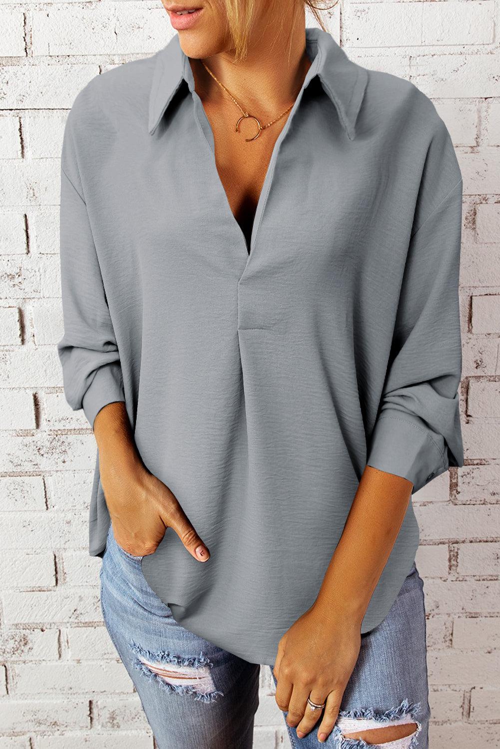 Textured Johnny Collar Three-Quarter Sleeve Blouse-TOPS / DRESSES-[Adult]-[Female]-Gray-S-2022 Online Blue Zone Planet